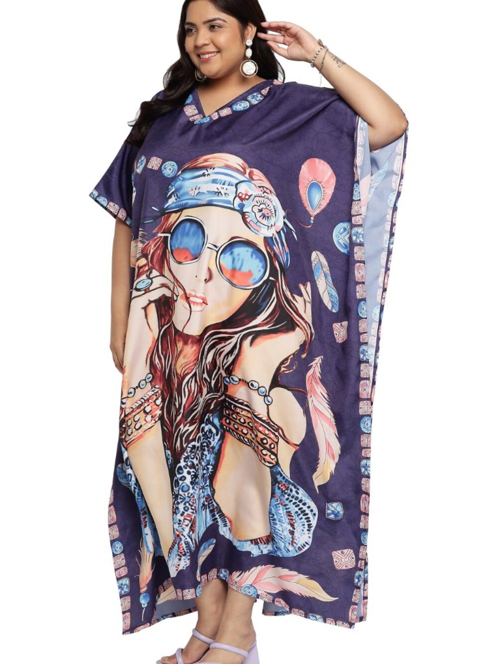 Plus Size Purple Lady Print Kaftan Dress Boho Resort Beach Cover Up - Picture 2 of 7
